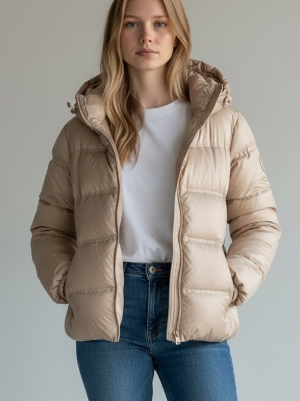 Cole Haan Signature Hooded Down Puffer Jacket Beige Champagne Size S
